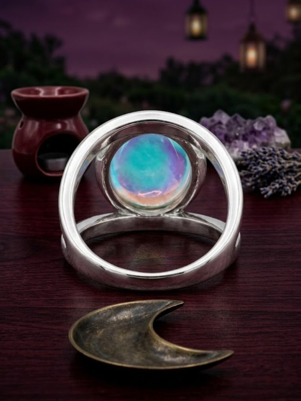 Aurora Crystal Silver Split Shank Oval Statement Ring Whimsigoth Celestial Sz 8 - Picture 9 of 16